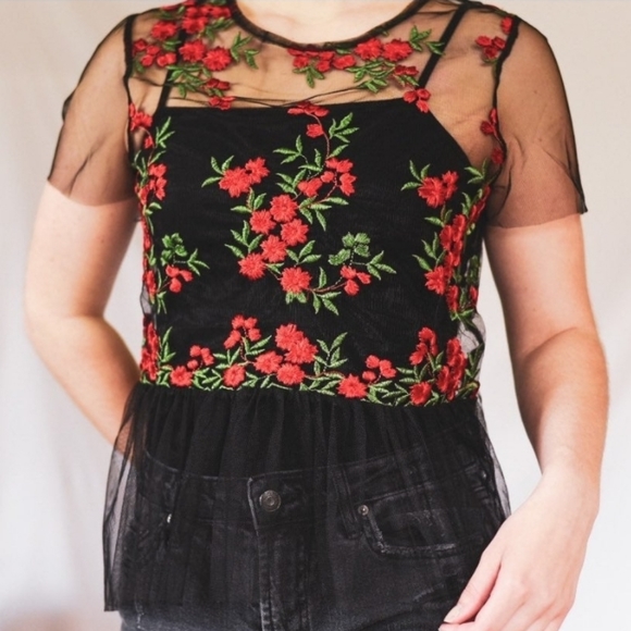 Twinkle Tops - TWINKLE Fairycore Gothic Embroidered Black Mesh Lace Tulle Overlay Peplum Top S